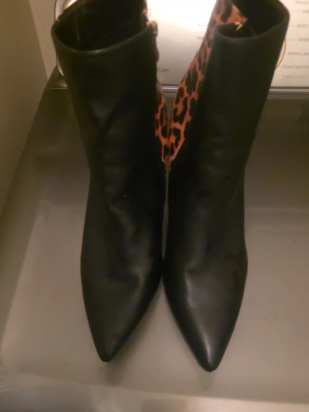 Women's Black Pointed Ankle Boots with Leopard Side Panel